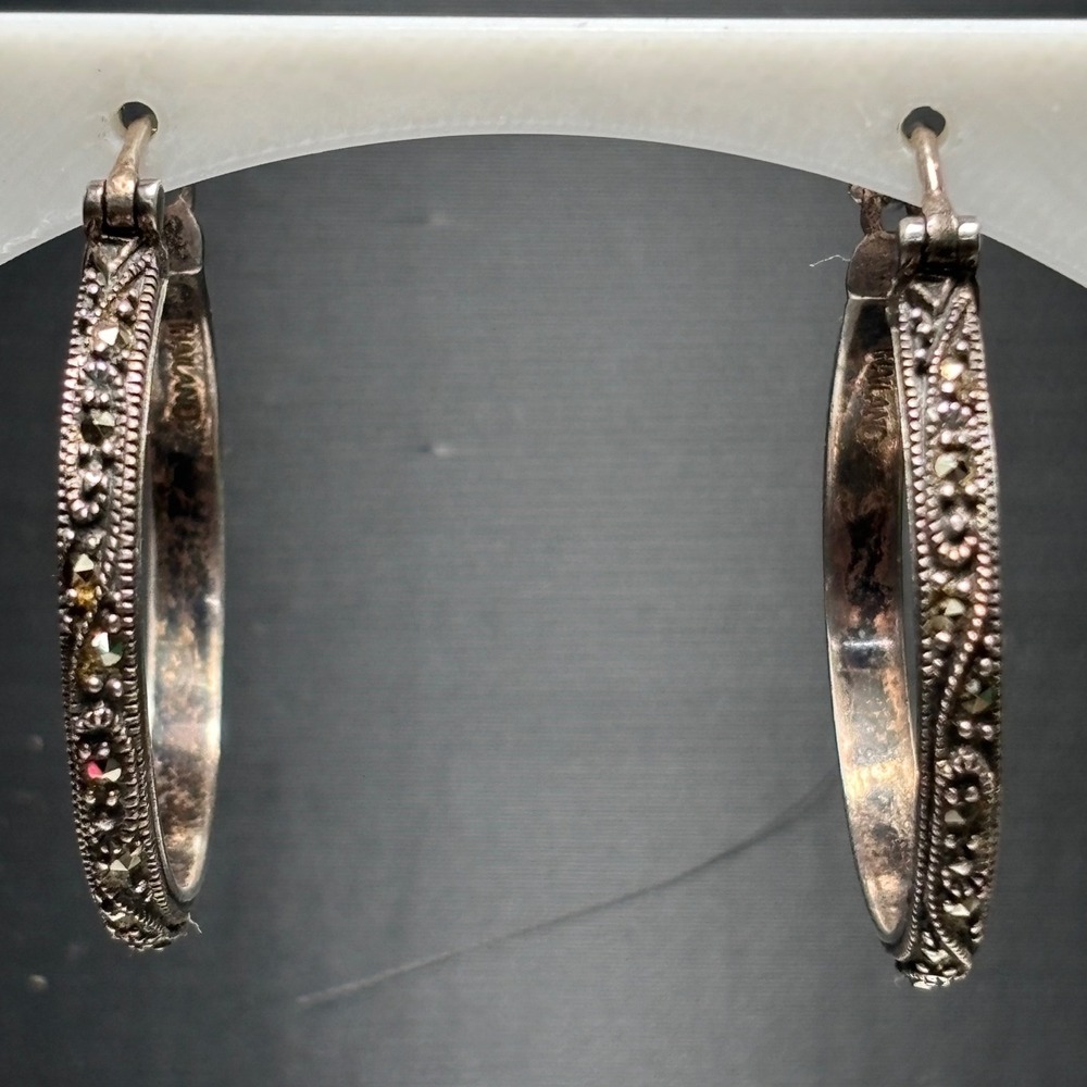 Vintage Silver Sterling 925 Marcasite Filigree Hoop Earrings